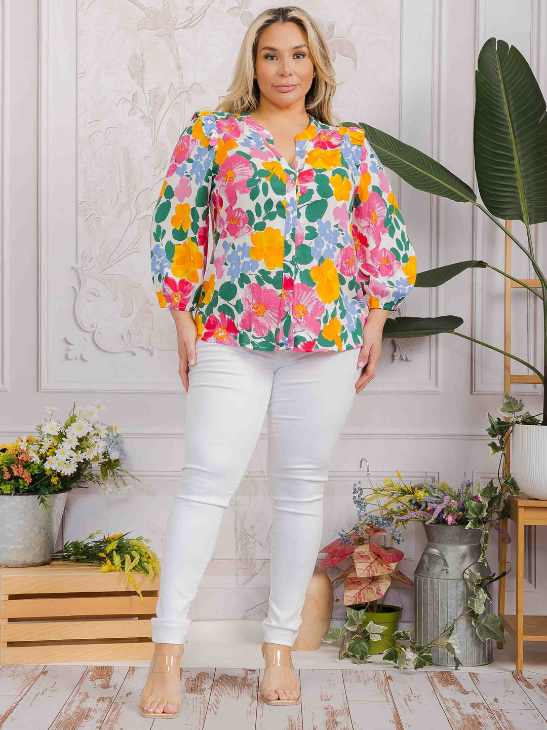PLUS SIZE LONG SLEEVE BUTTON UP FLORAL BLOUSE