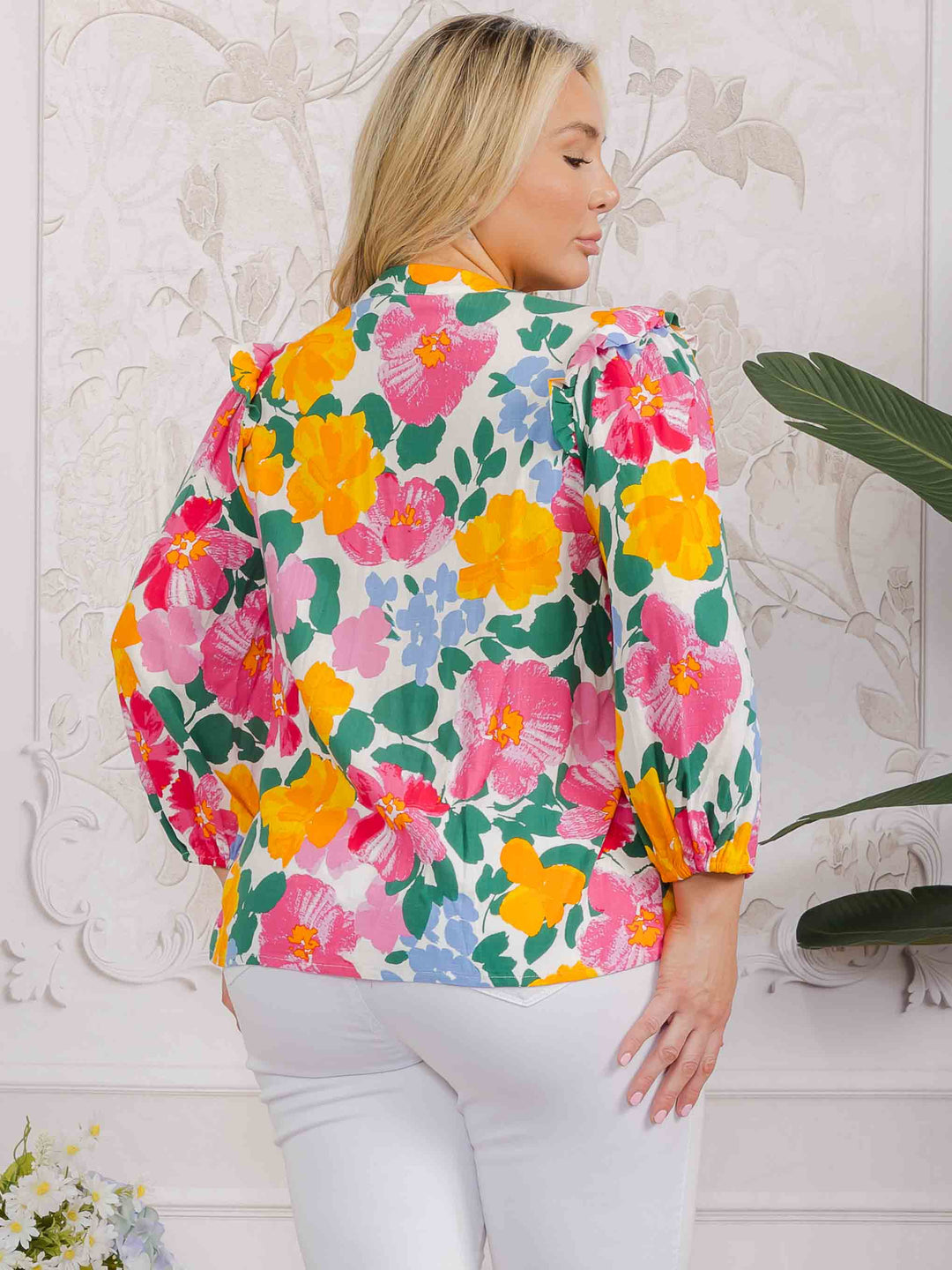 PLUS SIZE LONG SLEEVE BUTTON UP FLORAL BLOUSE