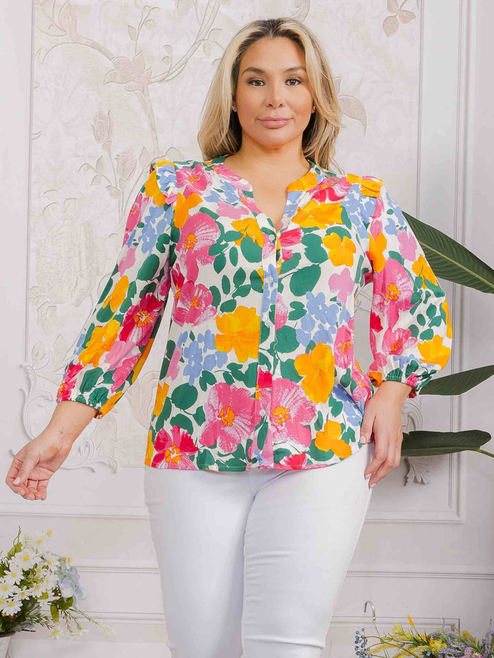 PLUS SIZE LONG SLEEVE BUTTON UP FLORAL BLOUSE