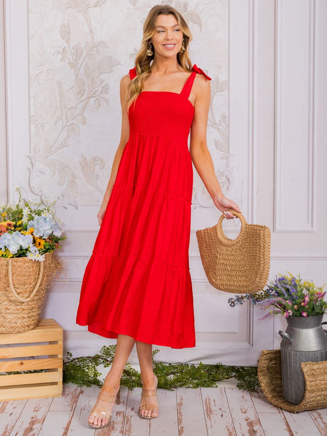 WOMEN'S SLEEVELESS SQUARE NECK SMOCK TIERED MAXI DRESS