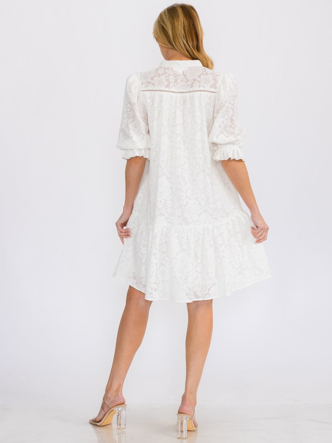 WOMEN'S SHORT SLEEVE BUTTON UP LACE DETAILED TUNIC MINI DRESS
