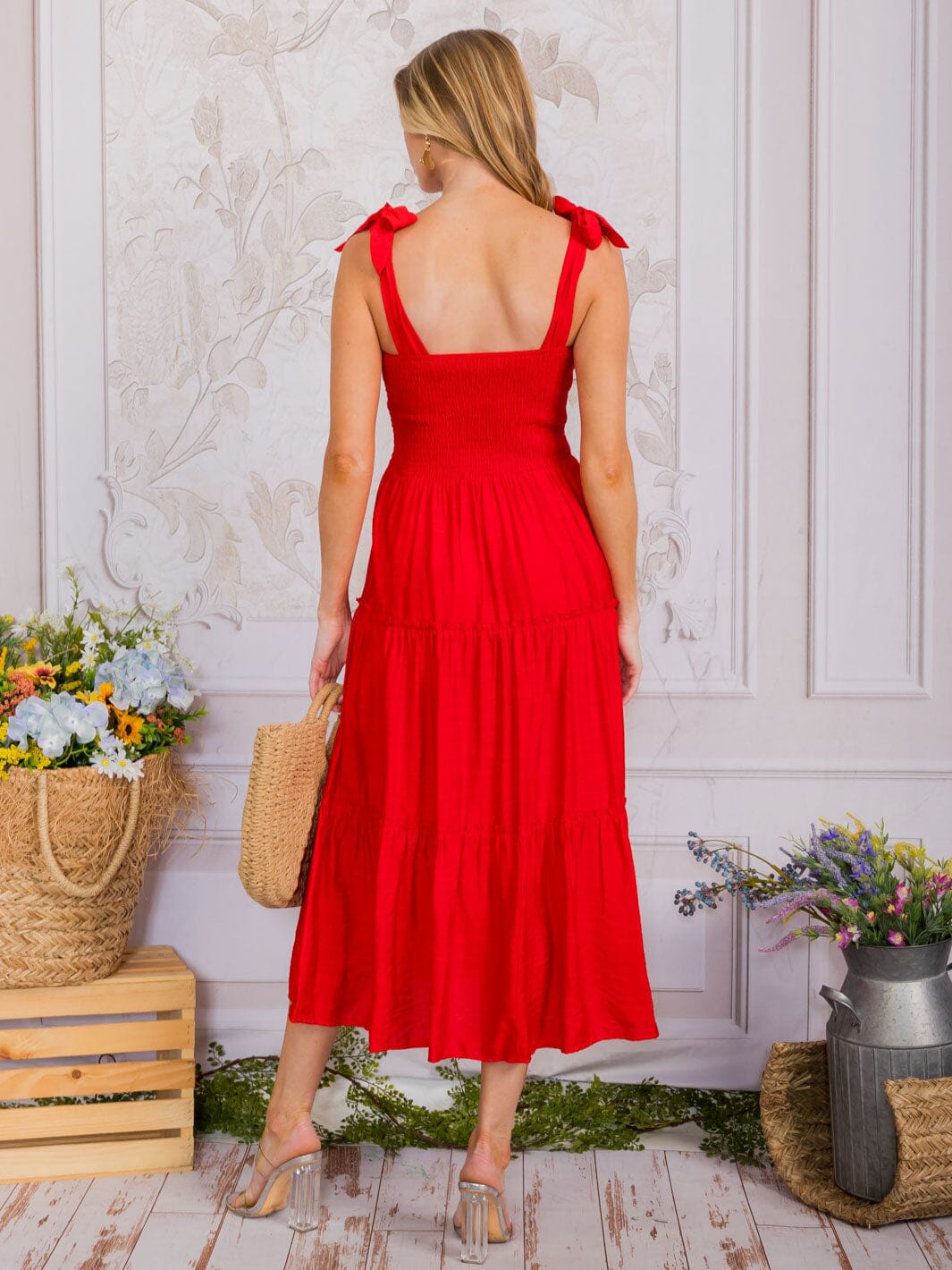 WOMEN'S SLEEVELESS SQUARE NECK SMOCK TIERED MAXI DRESS