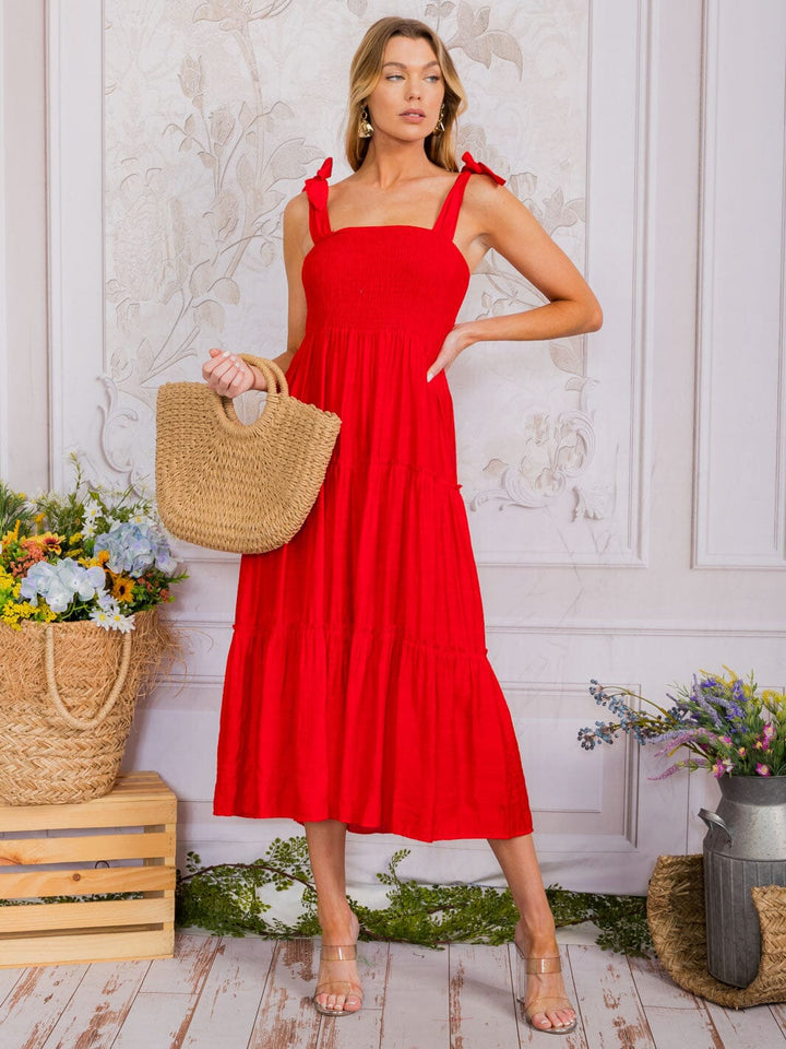 WOMEN'S SLEEVELESS SQUARE NECK SMOCK TIERED MAXI DRESS