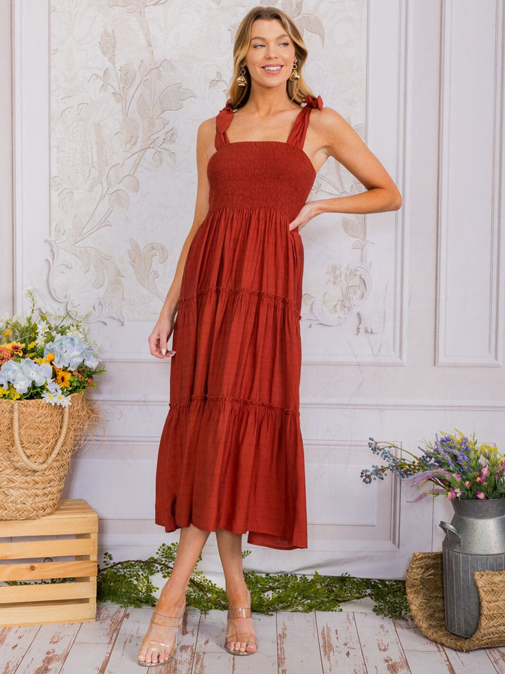 WOMEN'S SLEEVELESS SQUARE NECK SMOCK TIERED MAXI DRESS