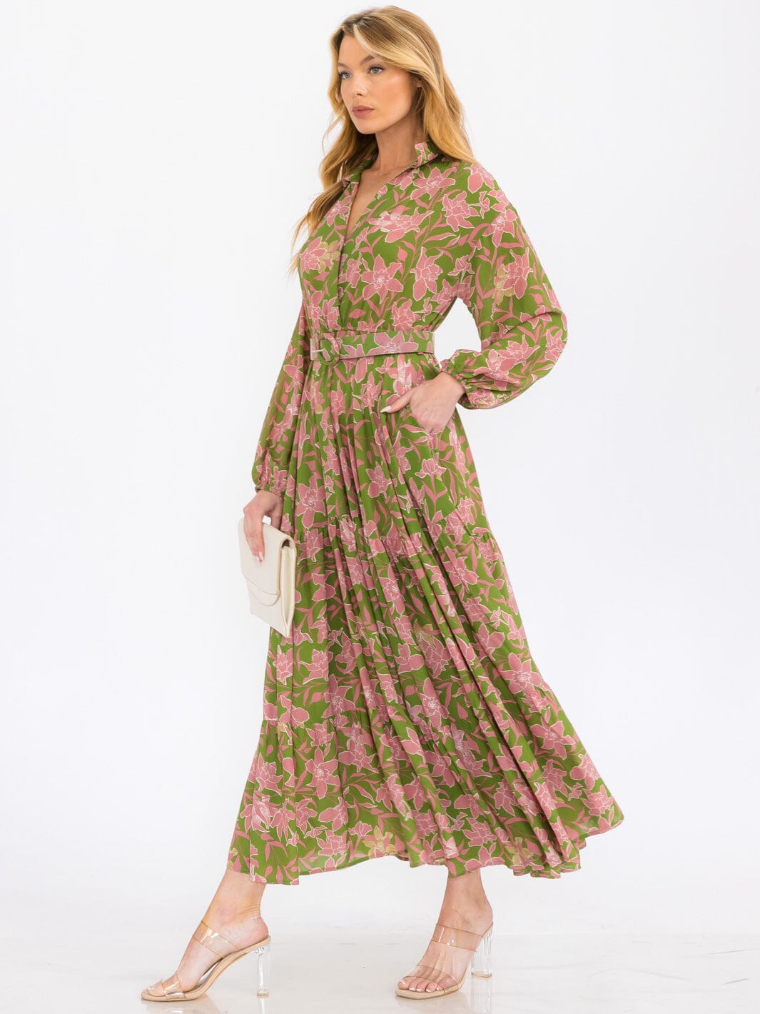 WOMEN'S LONG SLEEVE SURPLICE FRONT POCKETS BELTED FLORAL MAXI DRESS