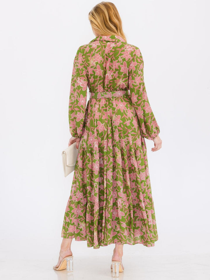 WOMEN'S LONG SLEEVE SURPLICE FRONT POCKETS BELTED FLORAL MAXI DRESS