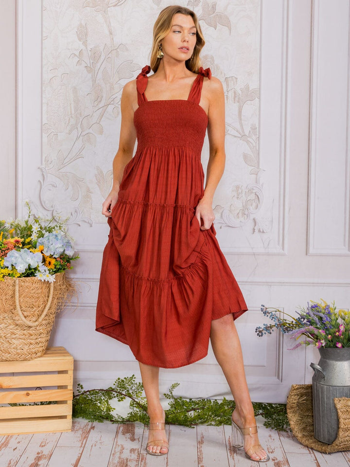 WOMEN'S SLEEVELESS SQUARE NECK SMOCK TIERED MAXI DRESS