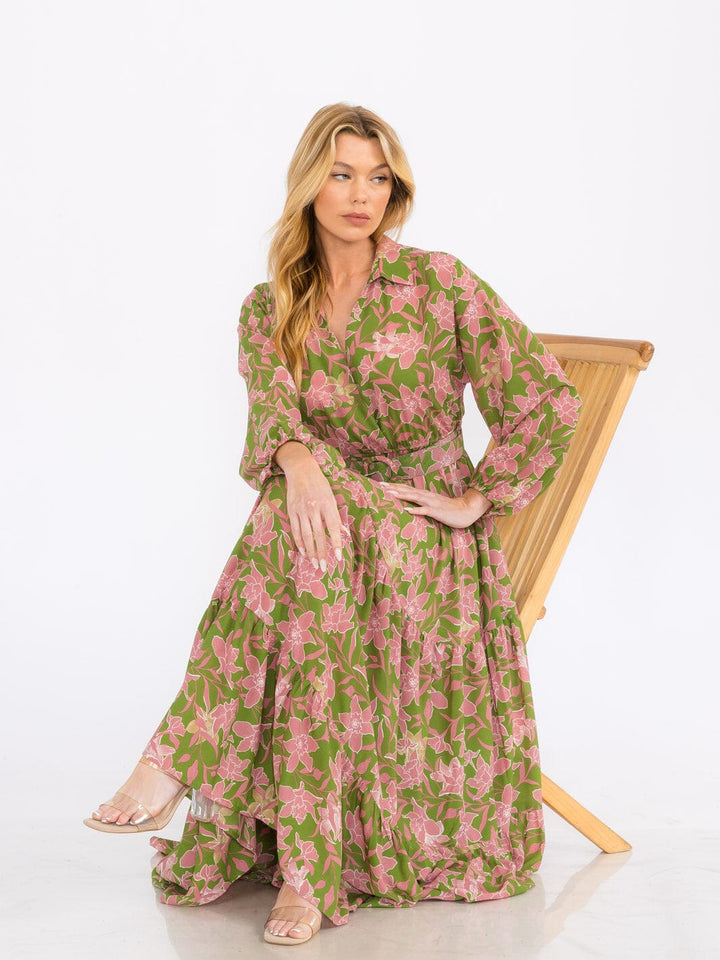 WOMEN'S LONG SLEEVE SURPLICE FRONT POCKETS BELTED FLORAL MAXI DRESS