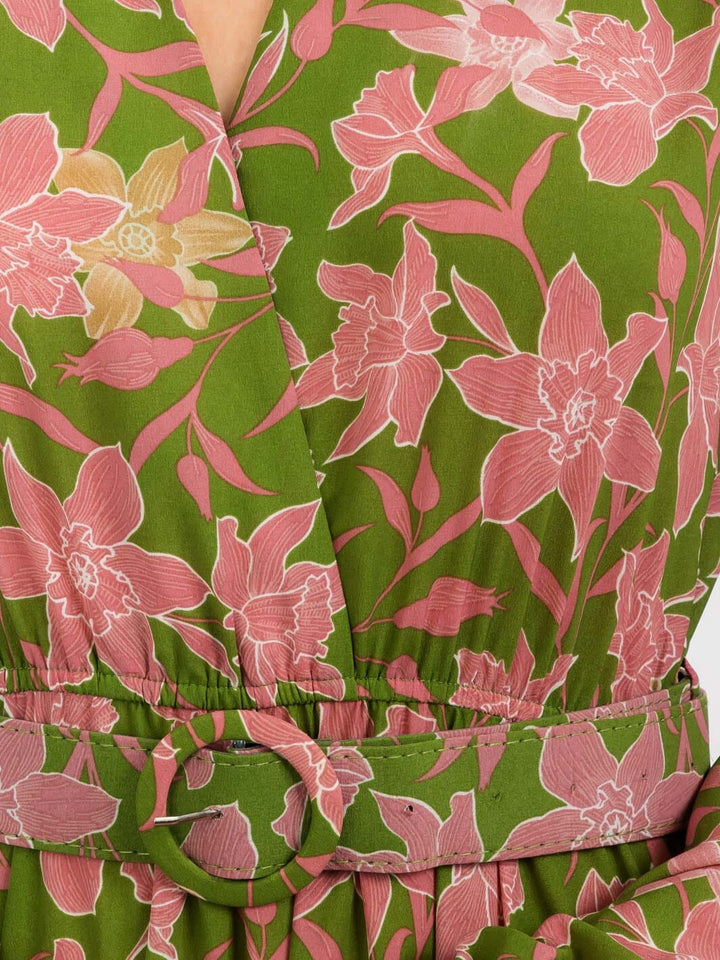 WOMEN'S LONG SLEEVE SURPLICE FRONT POCKETS BELTED FLORAL MAXI DRESS
