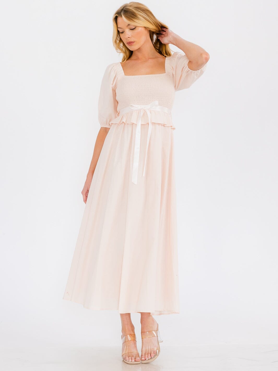 WOMEN'S SHORT PUFF SLEEVE SQUARE NECK SMOCK MAXI DRESS