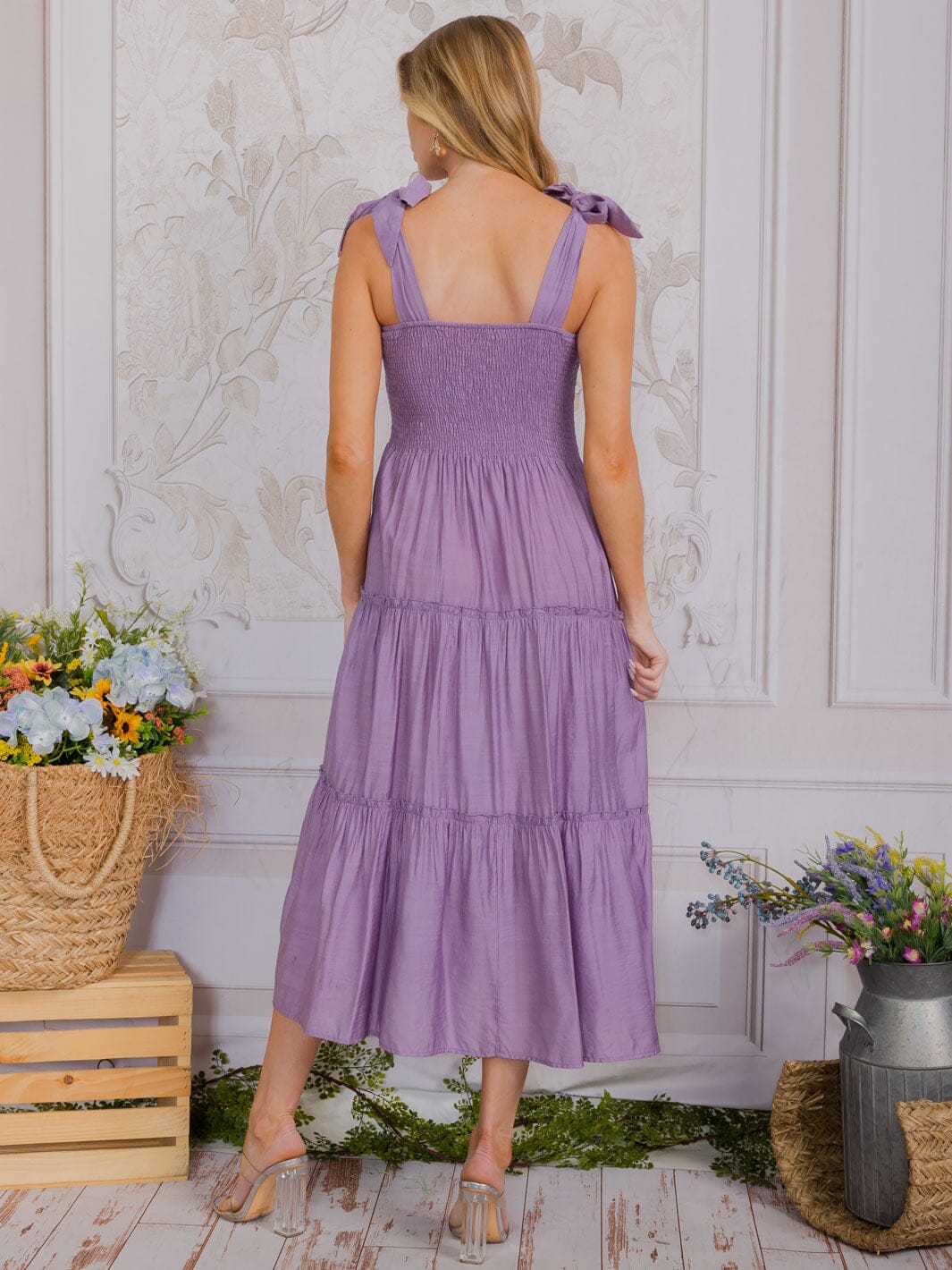 WOMEN'S SLEEVELESS SQUARE NECK SMOCK TIERED MAXI DRESS