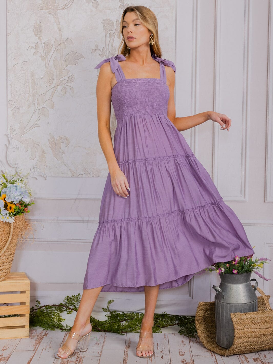 WOMEN'S SLEEVELESS SQUARE NECK SMOCK TIERED MAXI DRESS