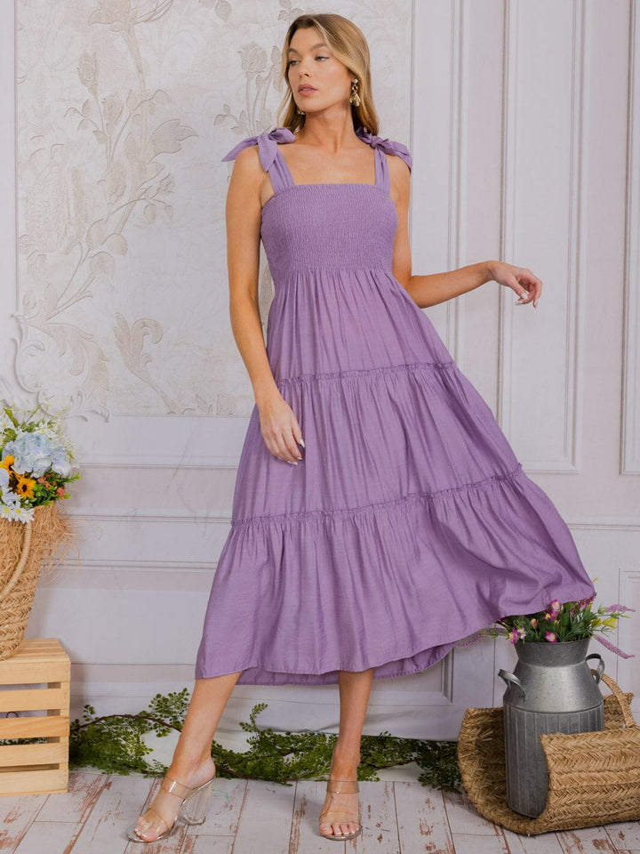 WOMEN'S SLEEVELESS SQUARE NECK SMOCK TIERED MAXI DRESS