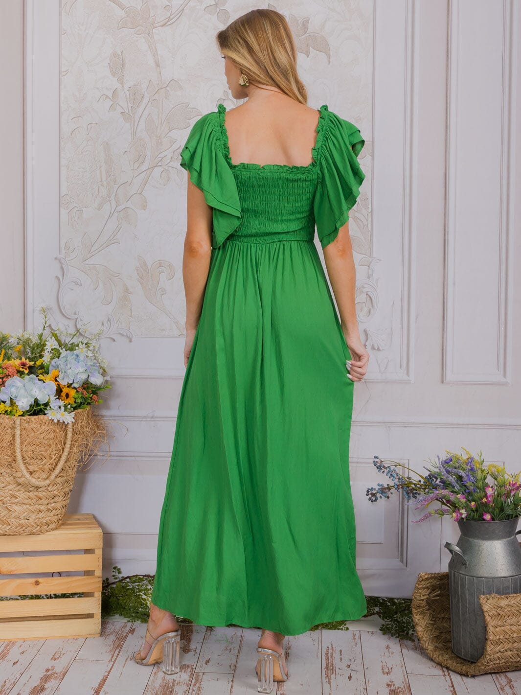 WOMEN'S SHORT SLEEVE SQUARE NECK SMOCK TIERED MAXI DRESS
