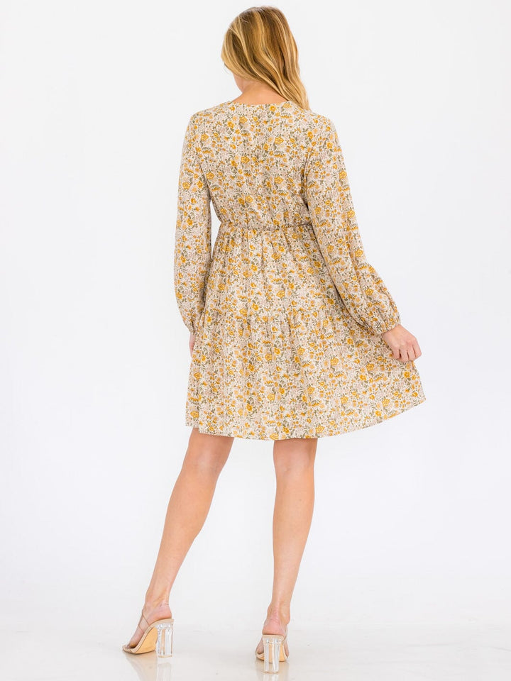 WOMEN'S LONG SLEEVE ELASTIC WAIST V-NECK DETAILED FLORAL MINI DRESS