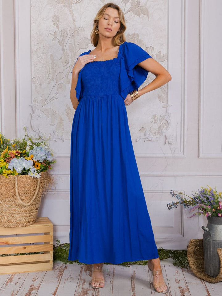 WOMEN'S SHORT SLEEVE SQUARE NECK SMOCK TIERED MAXI DRESS