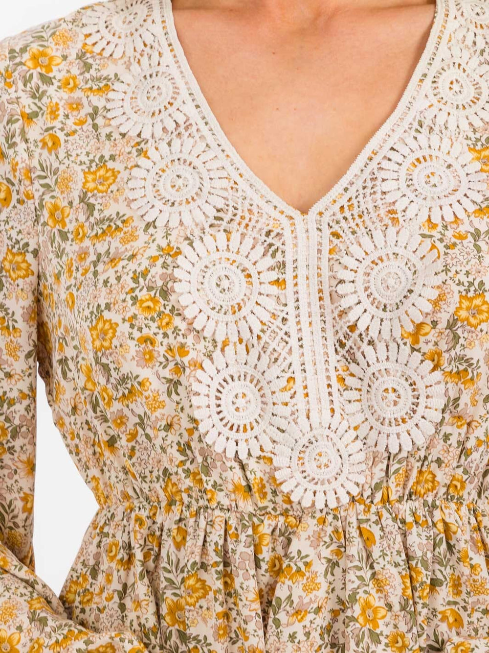 WOMEN'S LONG SLEEVE ELASTIC WAIST V-NECK DETAILED FLORAL MINI DRESS