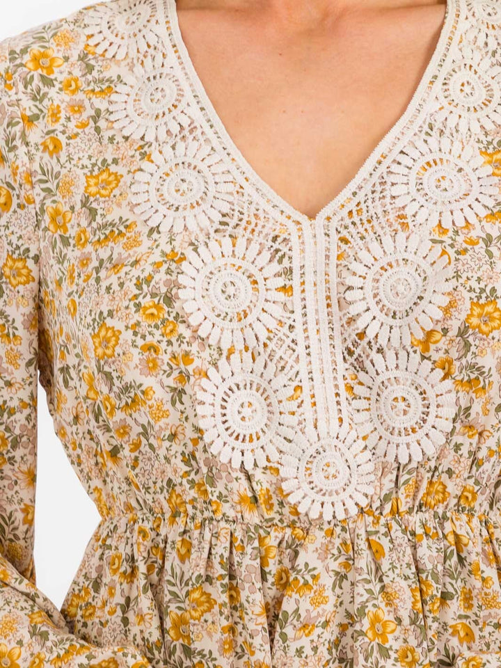 WOMEN'S LONG SLEEVE ELASTIC WAIST V-NECK DETAILED FLORAL MINI DRESS
