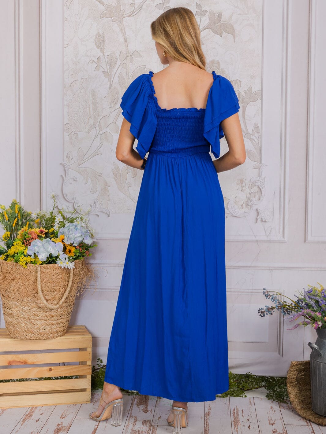 WOMEN'S SHORT SLEEVE SQUARE NECK SMOCK TIERED MAXI DRESS