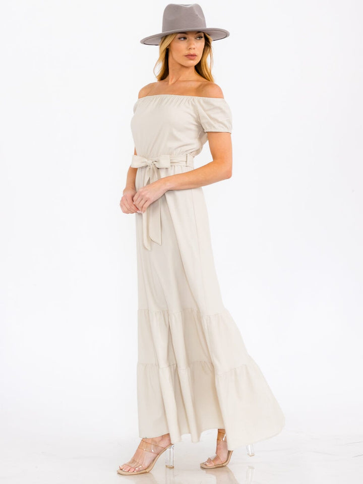 WOMEN'S OFF SHOULDER SELD TIE TIERED MAXI DRESS