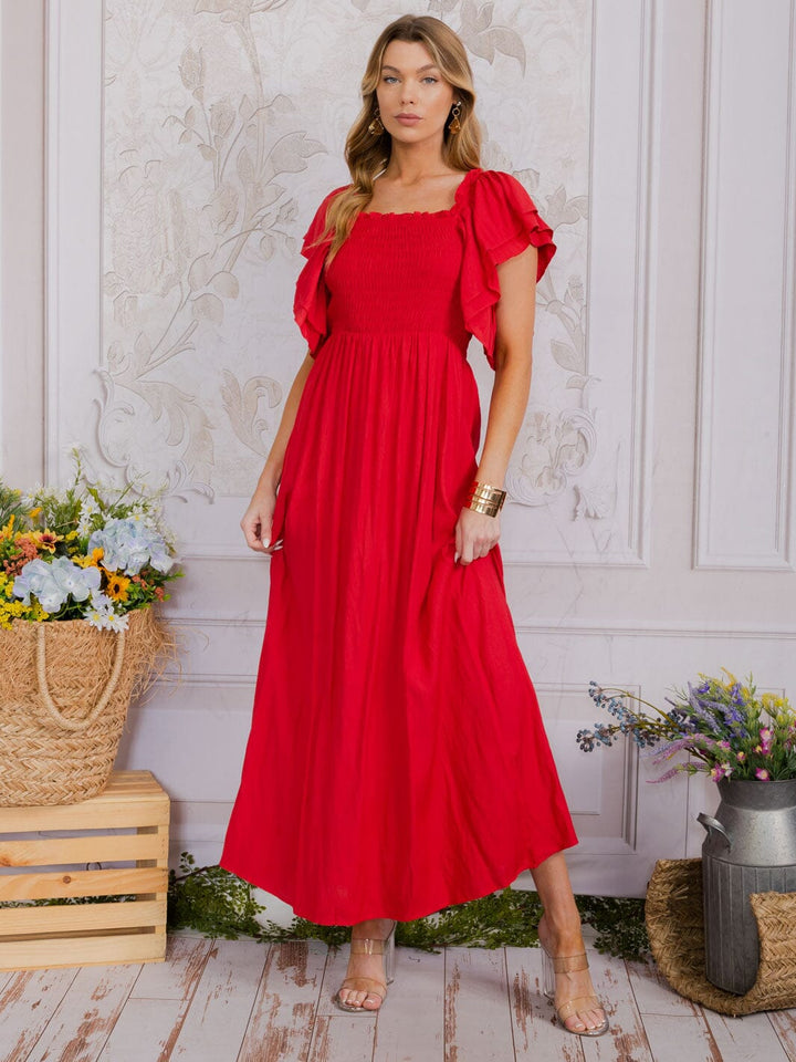 WOMEN'S SHORT SLEEVE SQUARE NECK SMOCK TIERED MAXI DRESS