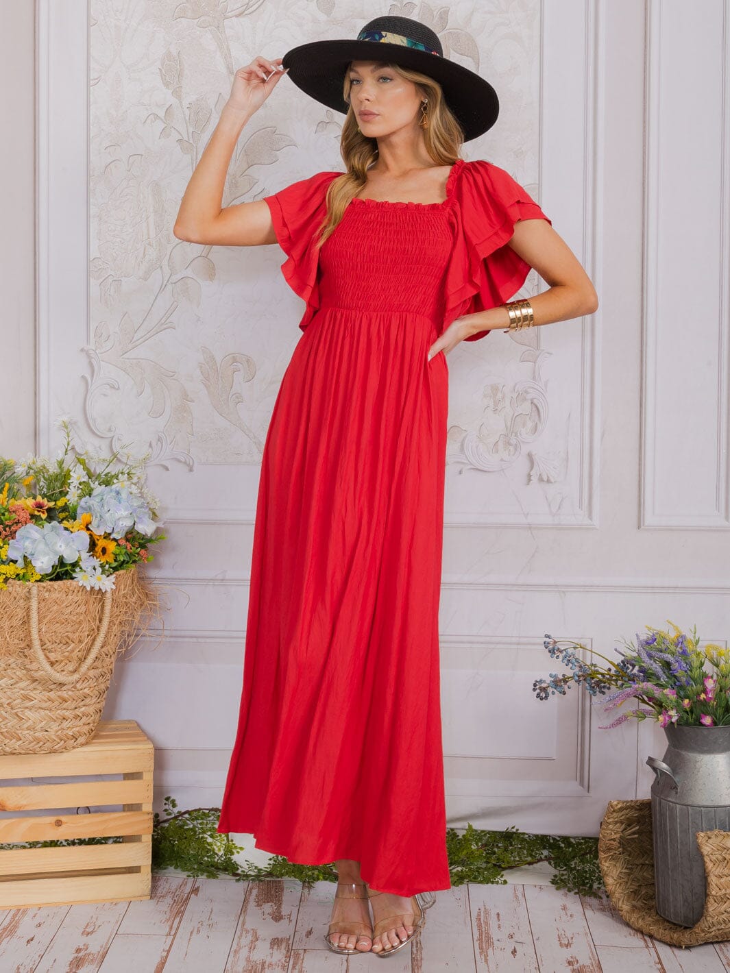 WOMEN'S SHORT SLEEVE SQUARE NECK SMOCK TIERED MAXI DRESS
