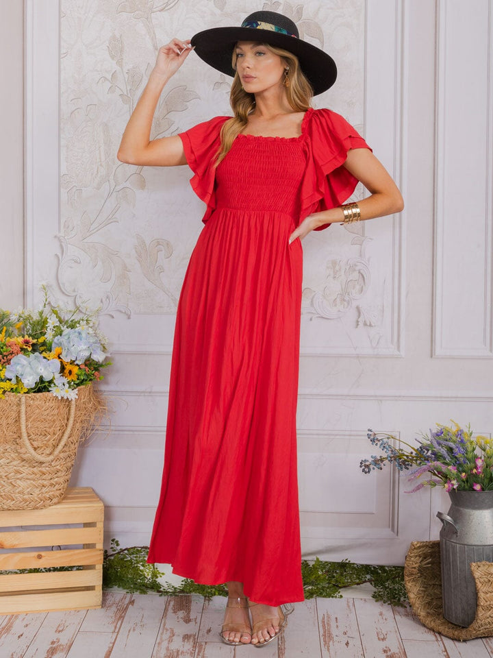 WOMEN'S SHORT SLEEVE SQUARE NECK SMOCK TIERED MAXI DRESS