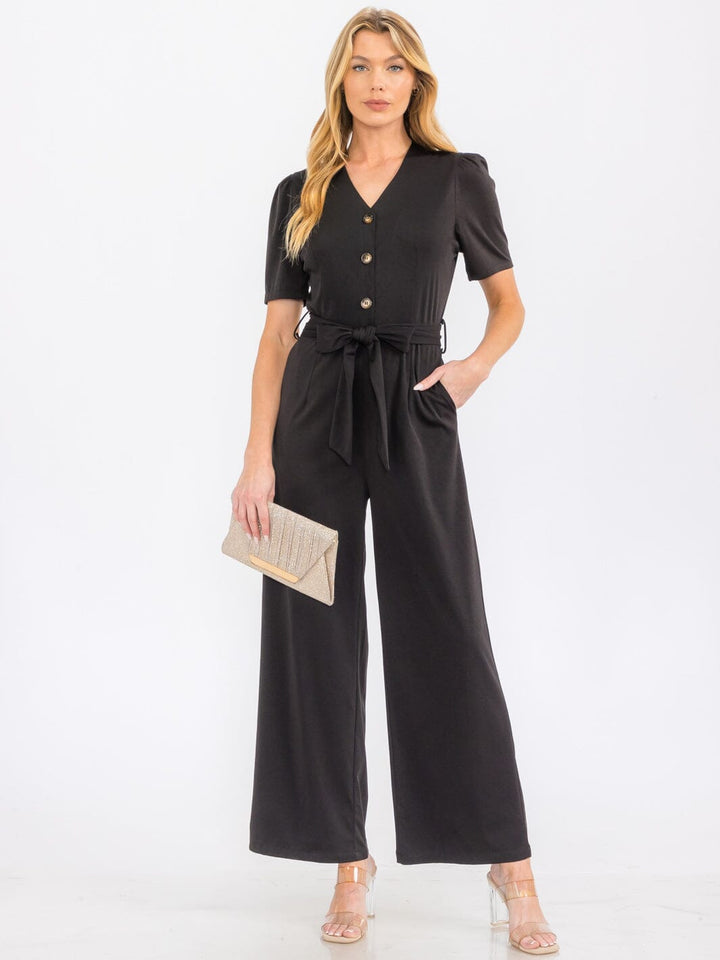 WOMEN'S SHORT SLEEVE BUTTON UP SELF TIE FRONT POCKETS WIDE LEG JUMPSUIT