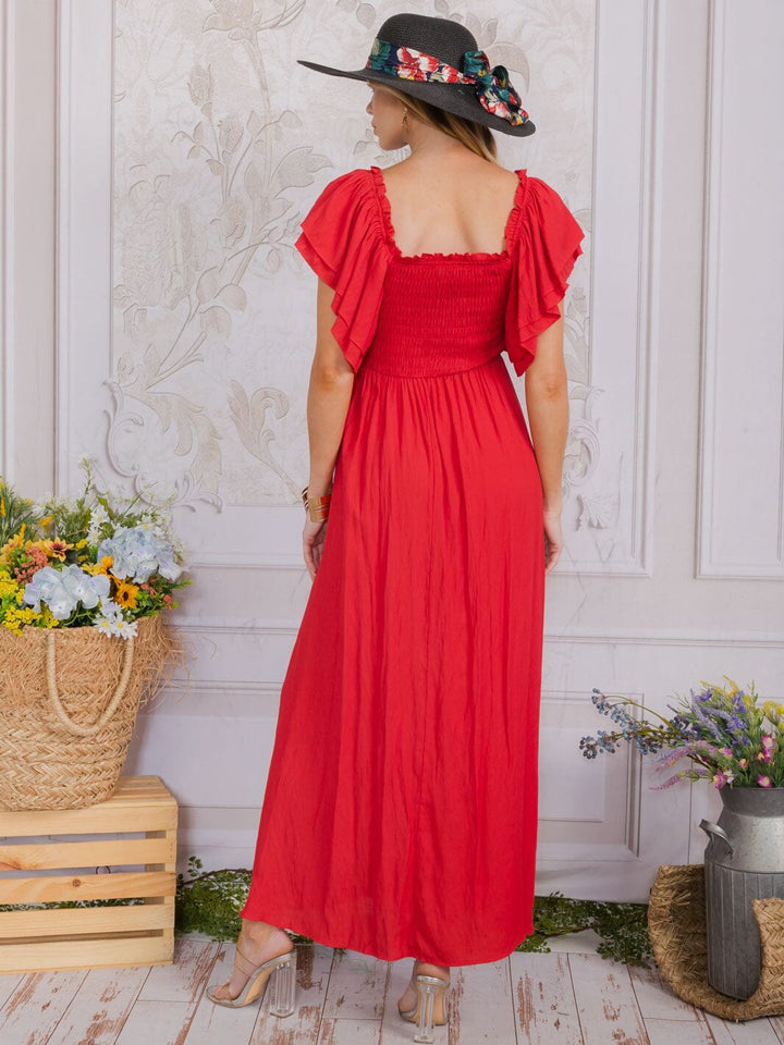 WOMEN'S SHORT SLEEVE SQUARE NECK SMOCK TIERED MAXI DRESS