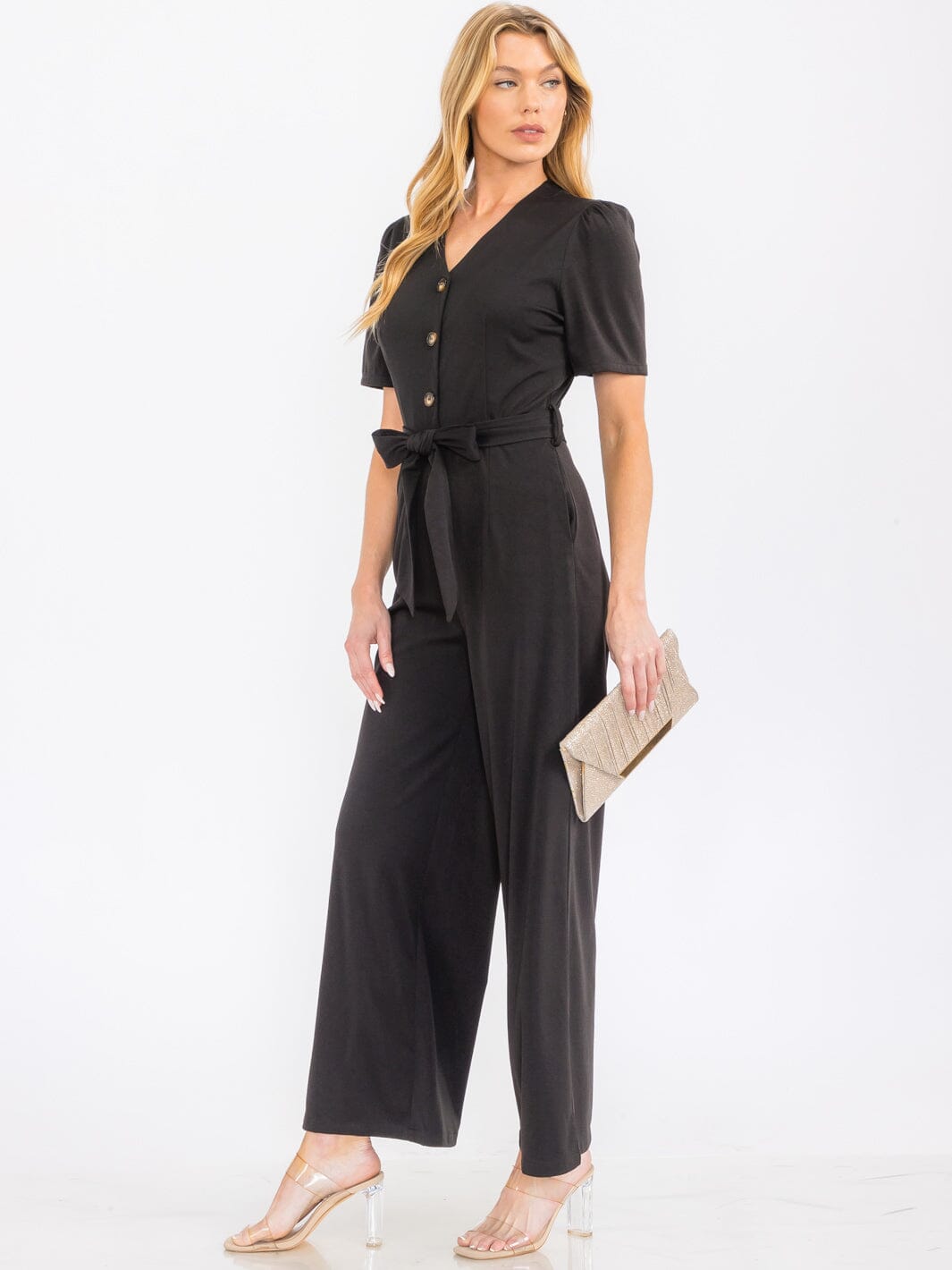WOMEN'S SHORT SLEEVE BUTTON UP SELF TIE FRONT POCKETS WIDE LEG JUMPSUIT