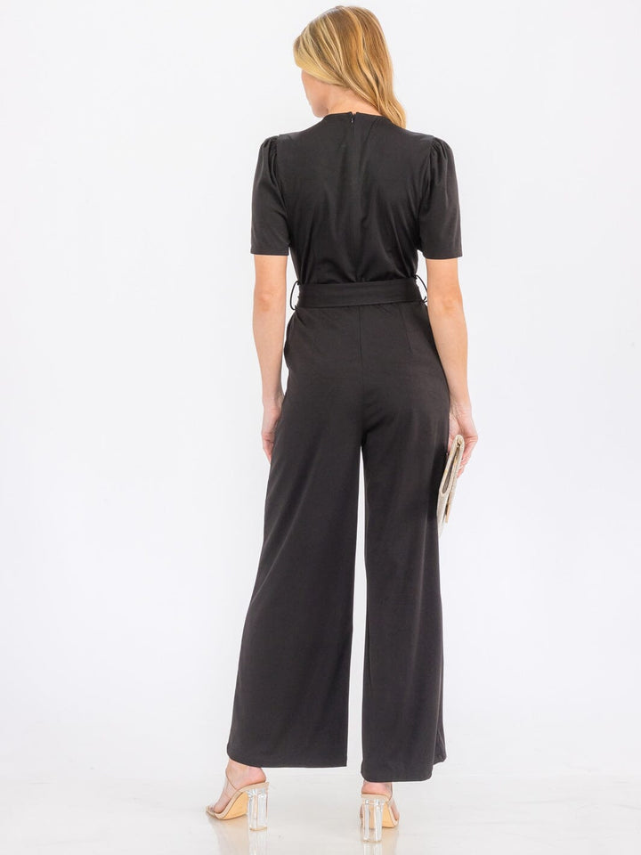 WOMEN'S SHORT SLEEVE BUTTON UP SELF TIE FRONT POCKETS WIDE LEG JUMPSUIT