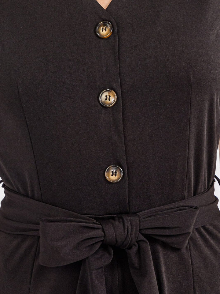 WOMEN'S SHORT SLEEVE BUTTON UP SELF TIE FRONT POCKETS WIDE LEG JUMPSUIT