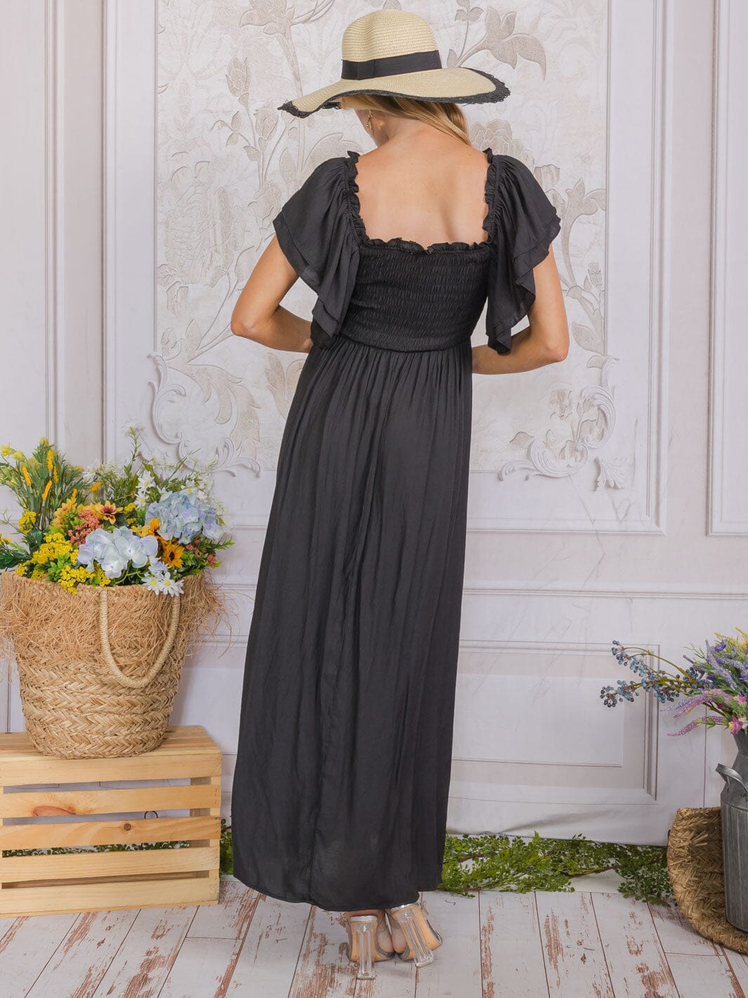WOMEN'S SHORT SLEEVE SQUARE NECK SMOCK TIERED MAXI DRESS