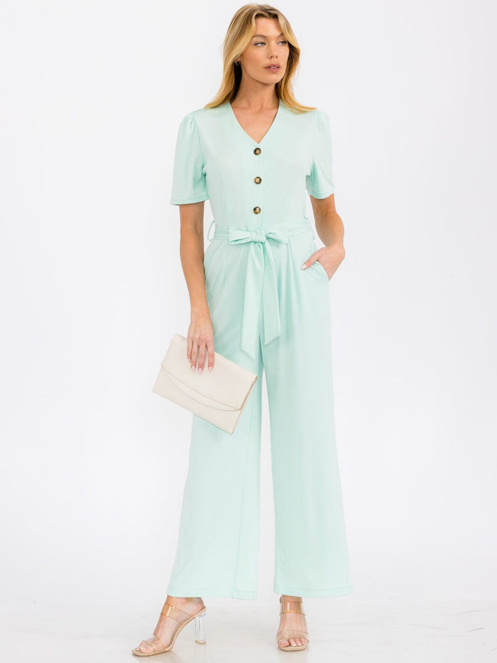 WOMEN'S SHORT SLEEVE BUTTON UP SELF TIE FRONT POCKETS WIDE LEG JUMPSUIT