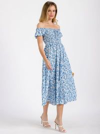 WOMEN'S SHORT SLEEVE OFF SHOULDER SMOCK FLORAL MIDI DRESS