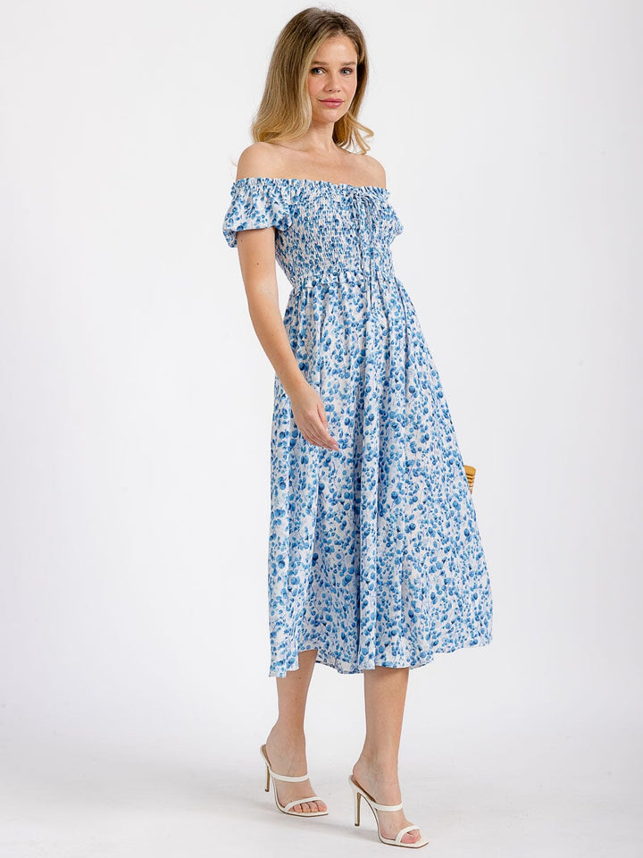 WOMEN'S SHORT SLEEVE OFF SHOULDER SMOCK FLORAL MIDI DRESS