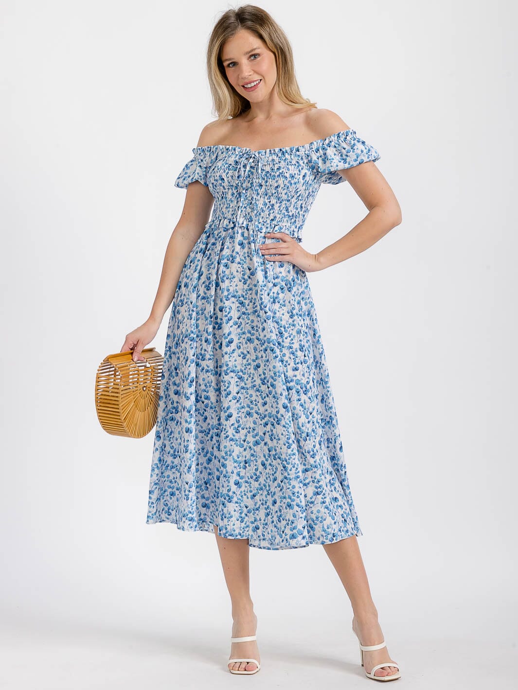 WOMEN'S SHORT SLEEVE OFF SHOULDER SMOCK FLORAL MIDI DRESS