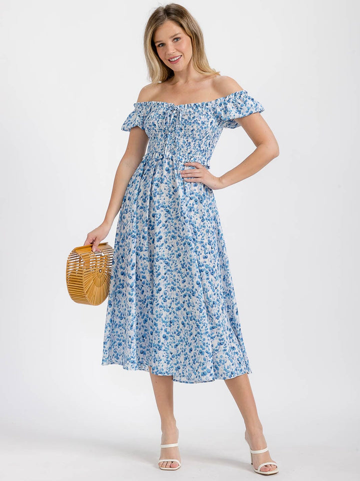 WOMEN'S SHORT SLEEVE OFF SHOULDER SMOCK FLORAL MIDI DRESS