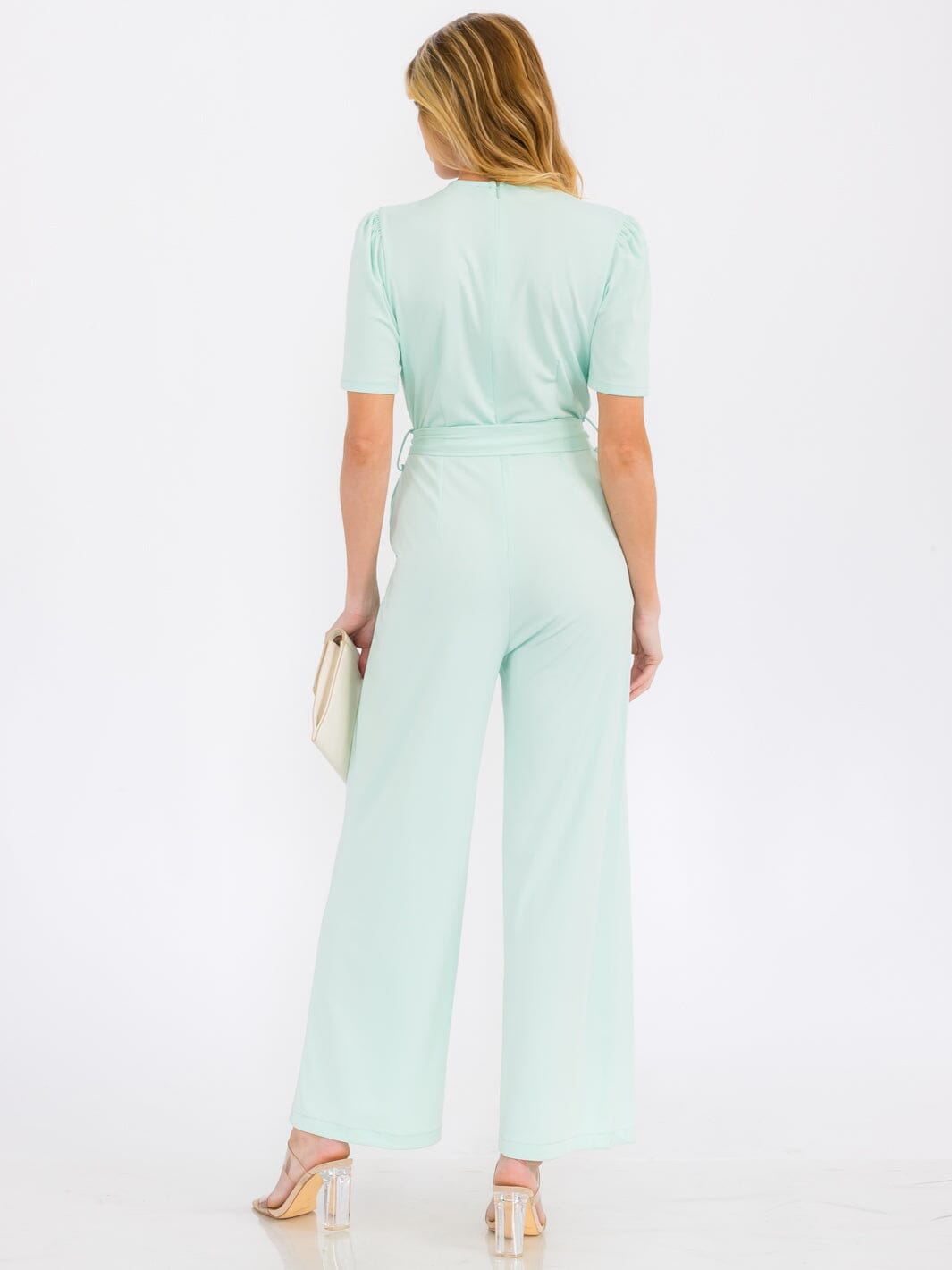 WOMEN'S SHORT SLEEVE BUTTON UP SELF TIE FRONT POCKETS WIDE LEG JUMPSUIT