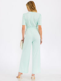 WOMEN'S SHORT SLEEVE BUTTON UP SELF TIE FRONT POCKETS WIDE LEG JUMPSUIT