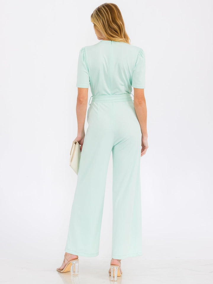 WOMEN'S SHORT SLEEVE BUTTON UP SELF TIE FRONT POCKETS WIDE LEG JUMPSUIT