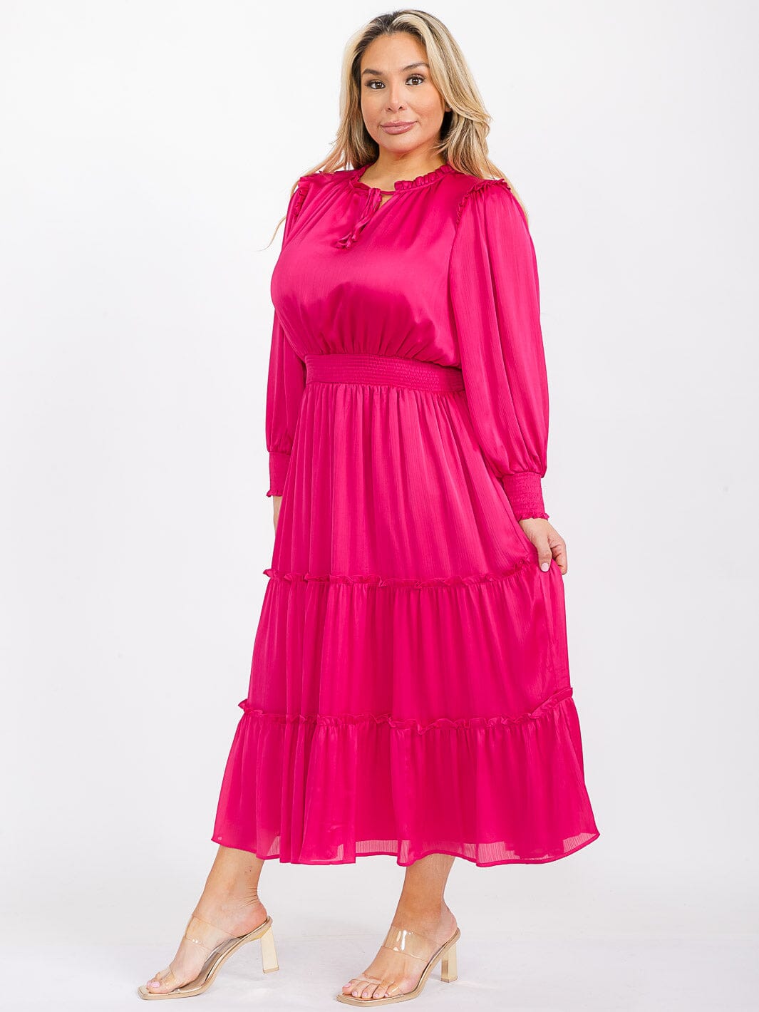 PLUS SIZE LONG SLEEVE V-NECK ELASTIC WAIST TIERED MAXI DRESS
