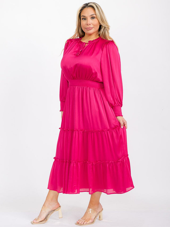 PLUS SIZE LONG SLEEVE V-NECK ELASTIC WAIST TIERED MAXI DRESS