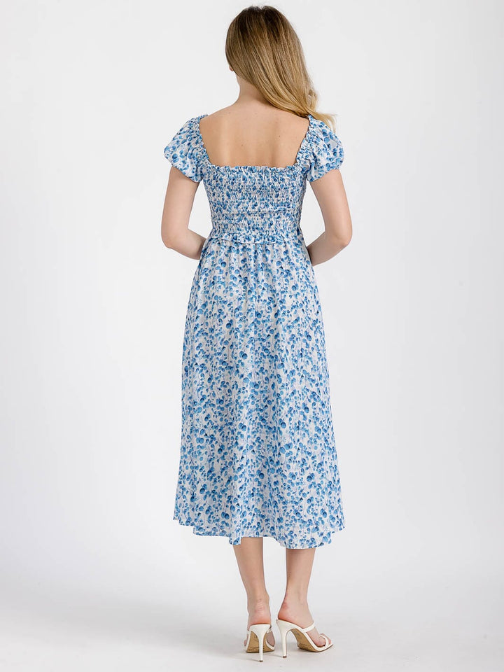 WOMEN'S SHORT SLEEVE OFF SHOULDER SMOCK FLORAL MIDI DRESS