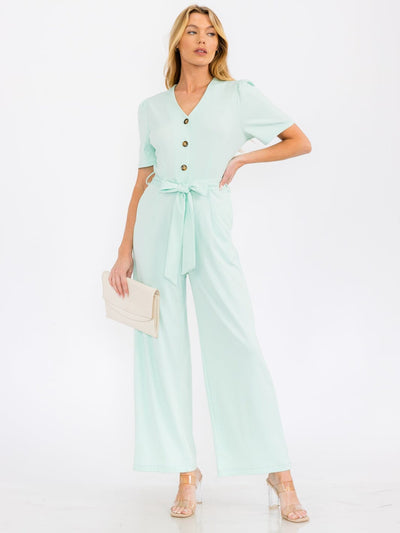 WOMEN'S SHORT SLEEVE BUTTON UP SELF TIE FRONT POCKETS WIDE LEG JUMPSUIT