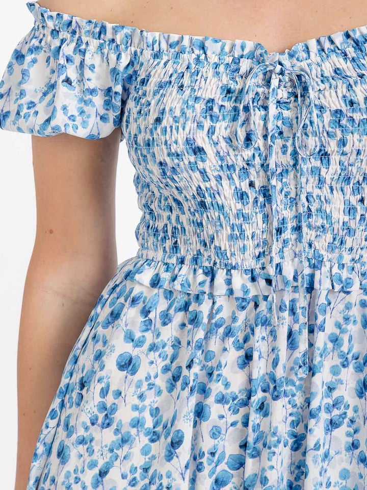 WOMEN'S SHORT SLEEVE OFF SHOULDER SMOCK FLORAL MIDI DRESS