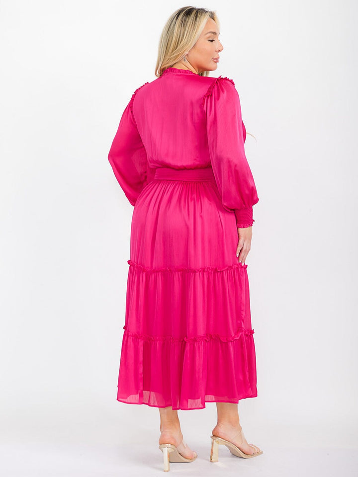 PLUS SIZE LONG SLEEVE V-NECK ELASTIC WAIST TIERED MAXI DRESS