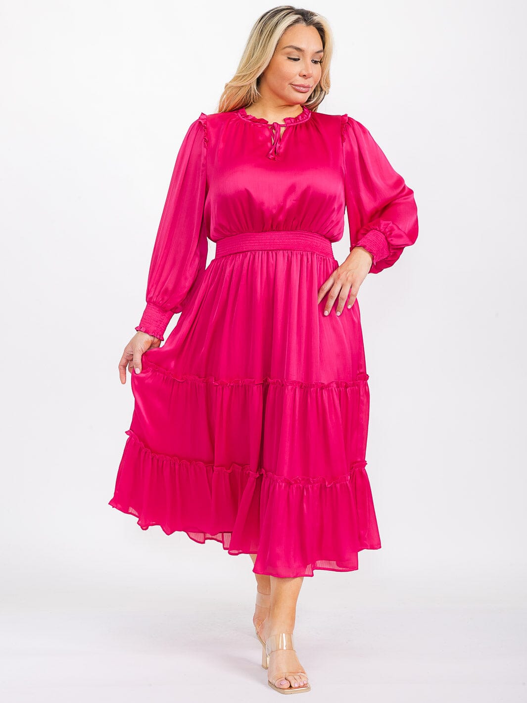 PLUS SIZE LONG SLEEVE V-NECK ELASTIC WAIST TIERED MAXI DRESS