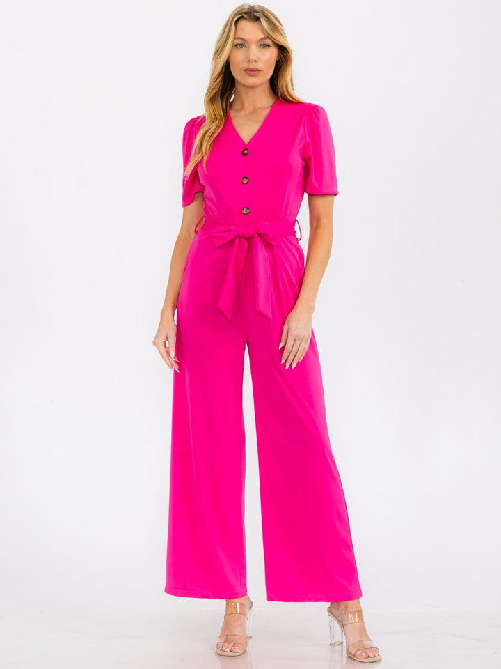 WOMEN'S SHORT SLEEVE BUTTON UP SELF TIE FRONT POCKETS WIDE LEG JUMPSUIT