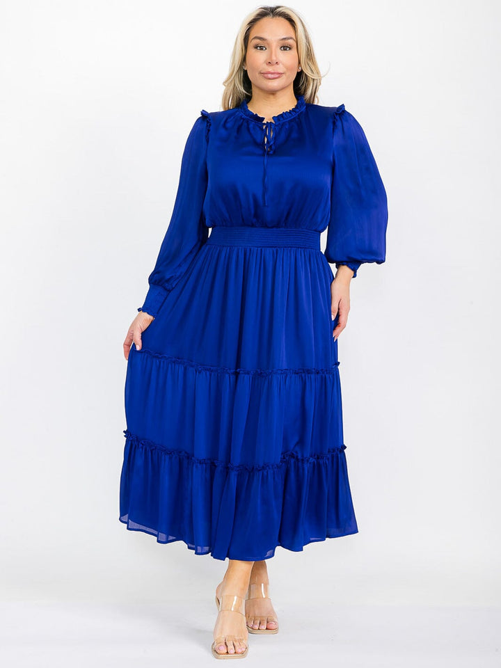 PLUS SIZE LONG SLEEVE V-NECK ELASTIC WAIST TIERED MAXI DRESS